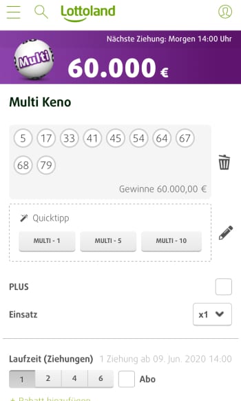 Lottoland – Multi Keno in der mobilen App