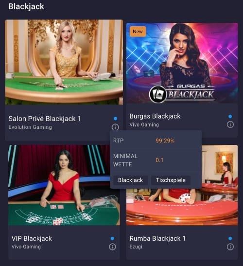RTP-Werte von Blackjack bei Cloudbet