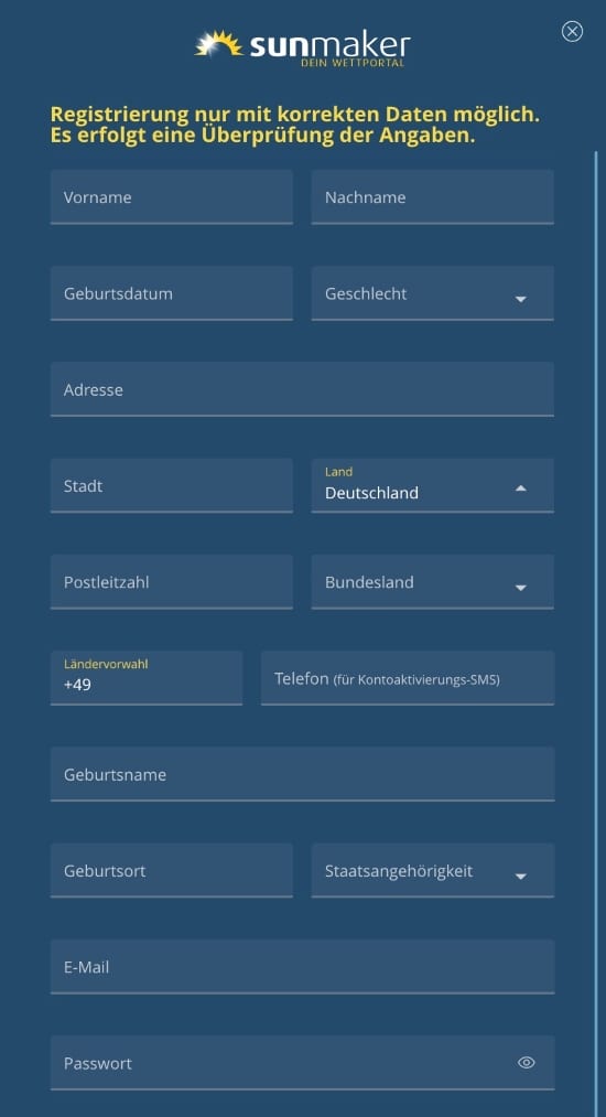 Das Sunmaker Registrierungsformular
